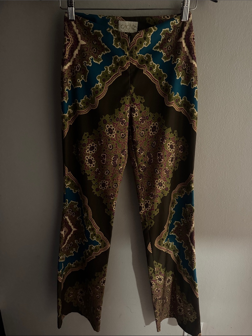 Cache Olive Green Paisley Print Pants with Teal Accents